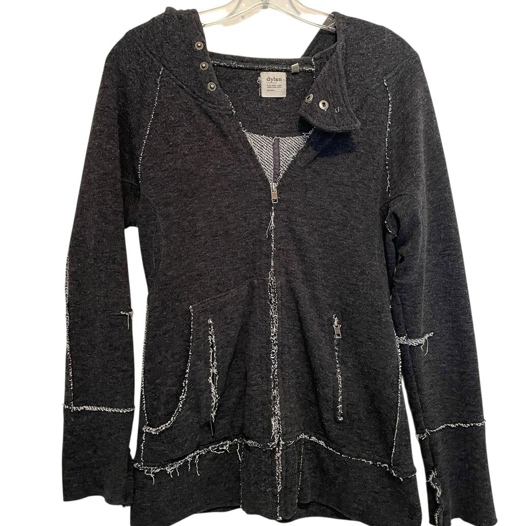 Dylan Full Zip Hooded Jacket Womens Small Charcoal Distressed Frayed Edges *FLAW